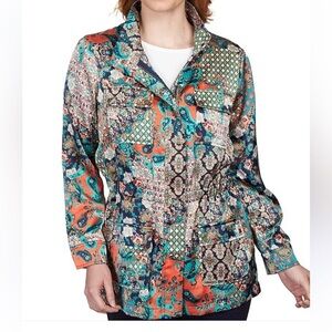 Ruby Rd. Petite Size Patchwork Paisley Print Charmeuse Concealed Zipper Jacket